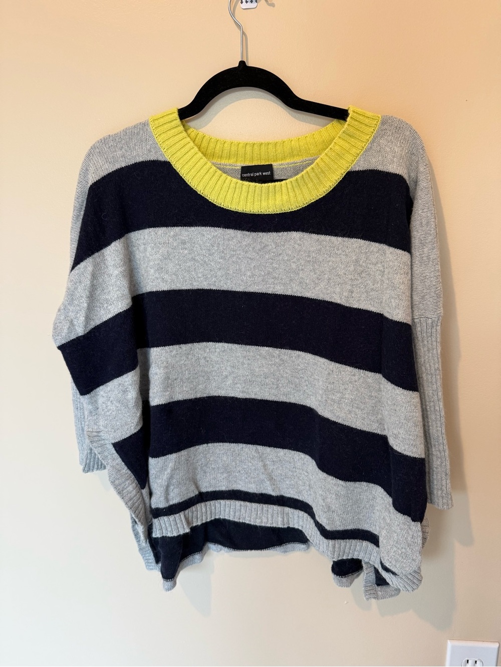 Central Park West Navy and Light Gray Striped Sweater with Neon Yellow Collar